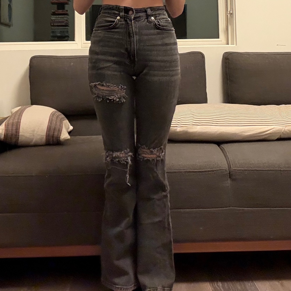 High rise flare dark grey ripped jeans size 24 could fit 23/22